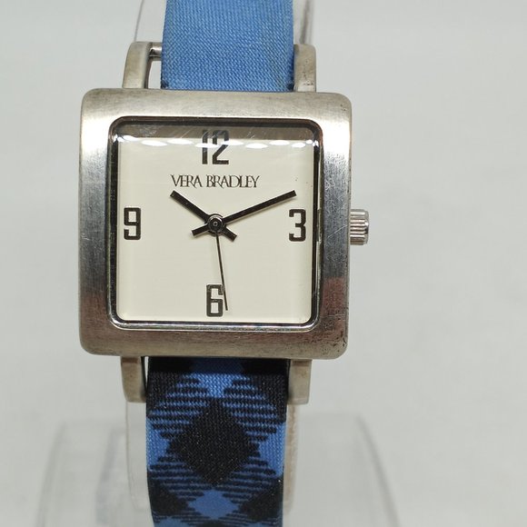 Vera Bradley Women's 25mm Square Silver Tone Blue Plaid Strap Watch NEW BATTERY - Picture 3 of 11